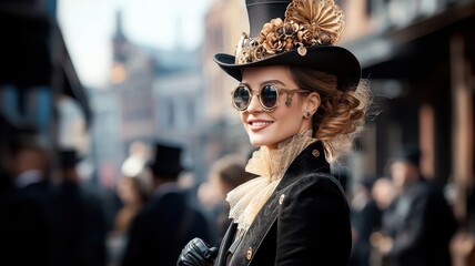 Group of steampunk enthusiasts showcasing creative costumes in industrial setting.