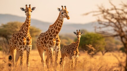 Obraz premium Giraffe family grazes in forest in wide shot