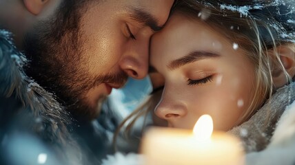 Close-up portrait of lovers illuminated by candlelight, eyes locked in affection.