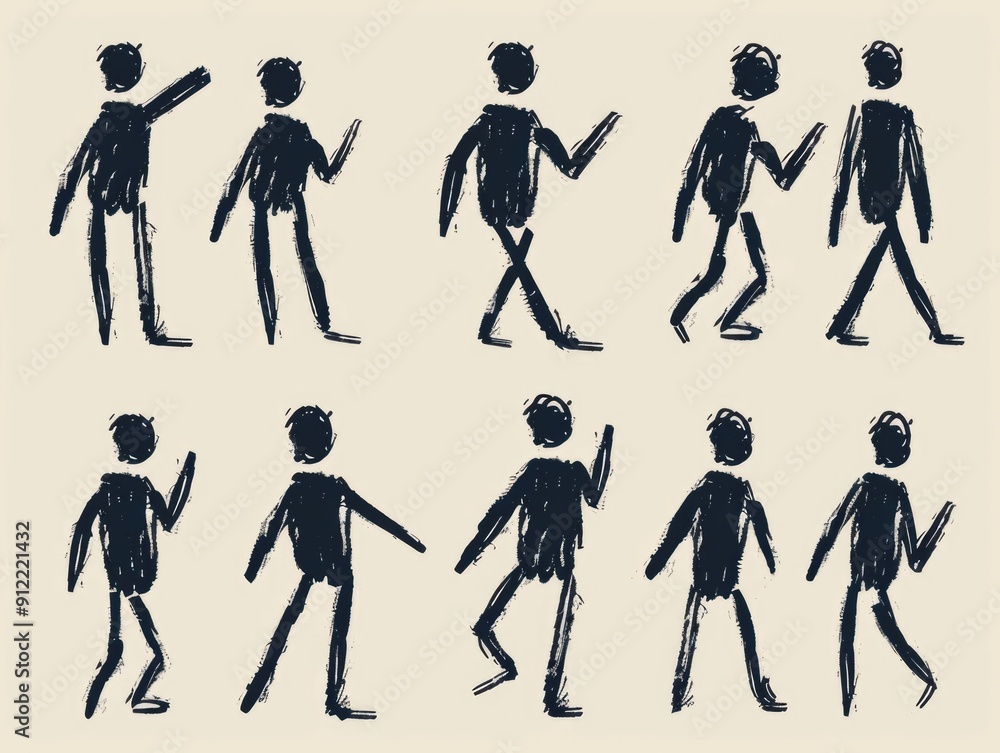 Poster this image showcases a series of expressive doodle art stick figure poses in dynamic minimalist mono