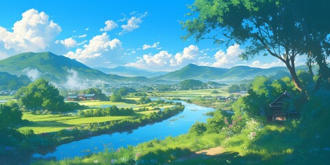 Naklejka premium abstract Vibrant Anime-Inspired Spring and Summer Scenery: AI-Generated 4K Wallpaper for Creative Marketing. Lush Natural Background with Colorful Flora, Whimsical Characters, and Dreamy Landscapes. 