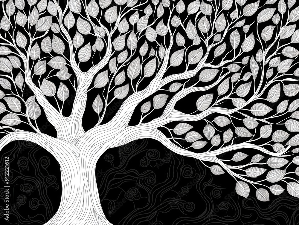 Poster captivating monochrome doodle art featuring an abstract stylized tree with intricate curling and swi