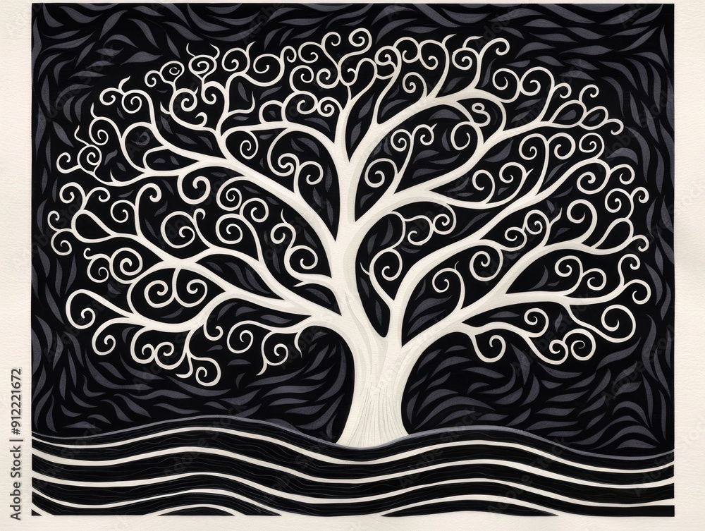 Poster whimsical and ethereal doodle art of a tree with intricate curly branches and organic flowing patter
