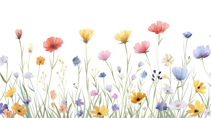 Fototapeta premium Wildflowers, meadow in spring, colorful blossoms isolated on white, Watercolor style