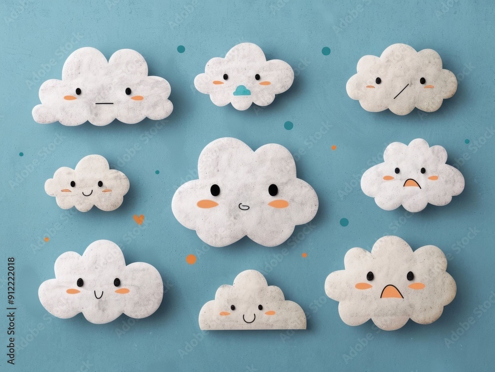 Poster Charming and whimsical doodle art showcasing a collection of playful cloud sketches with various shapes  expressions  and colors  creating a fun and creative background or design element