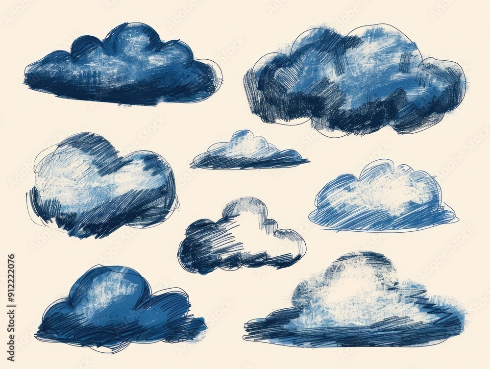 Poster doodle art of playful clouds in various shapes and styles a collection of hand drawn sketch like clo