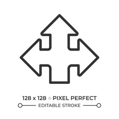 Triple arrow linear icon. Representing options or decision-making. Three paths. Direction and navigation symbol. Thin line illustration. Contour symbol. Vector outline drawing. Editable stroke