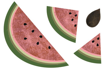 Set of watermelon slices isolated on white background. Hand drawn textured paper cut style juicy fruits png illustration. Watermelon cuts and seeds design element