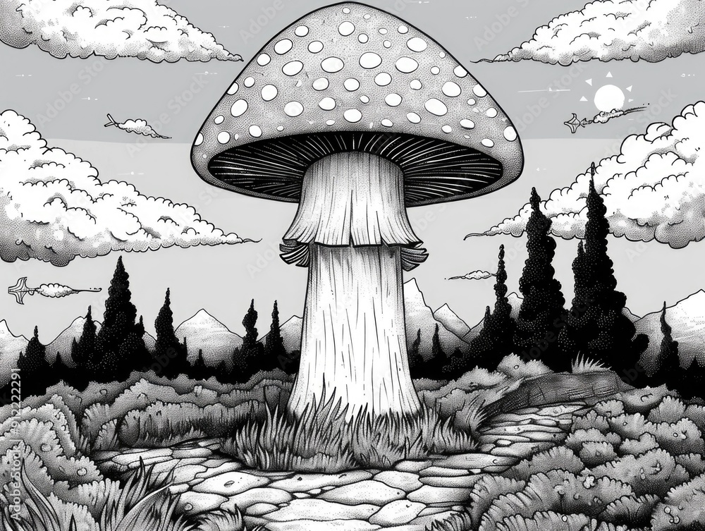 Poster captivating of a fantastical mushroom filled landscape set in a whimsical dreamlike world with myste