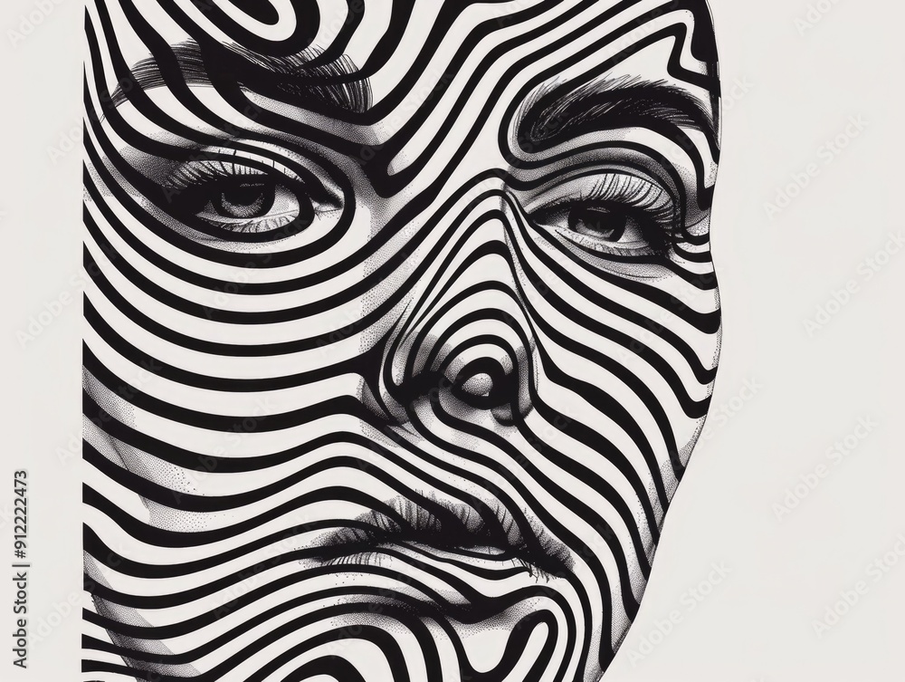 Poster captivating abstract face doodle featuring bold stylized black and white lines swirls and geometric 