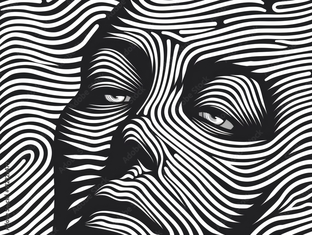 Poster striking and surreal abstract face featuring bold monochrome stripes wavy doodle like patterns and a