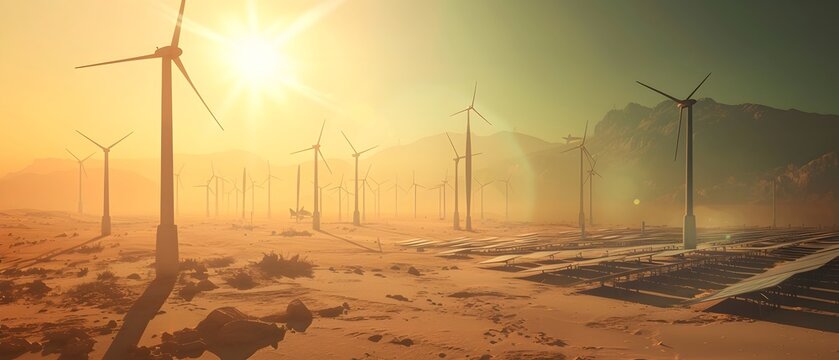 Futuristic landscape showcasing the vast expanse of a desert horizon dotted with towering wind turbines and expansive solar arrays