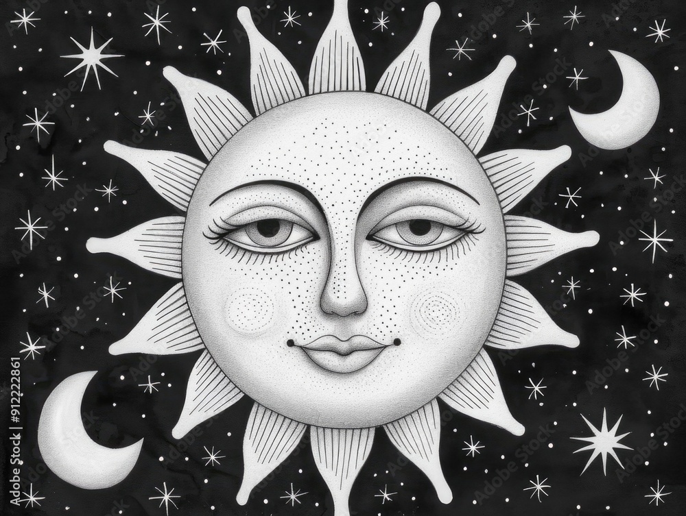 Poster celestial doodle design with mystical sun moon and stars elements in a monochrome hand drawn style t