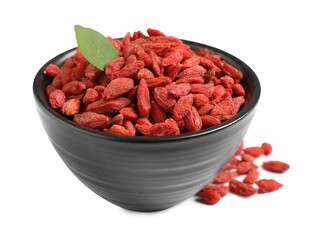 Dried goji berries in bowl and leaf isolated on white