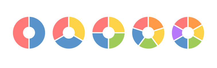 Circle division infographic icon set. Pie chart divided 4,5,6 equal parts. Color ring or donut round diagram. Infographic wheel segment and fraction. Vector illustration isolated on white background.