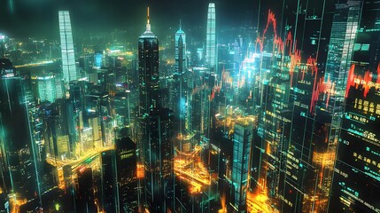 Fototapeta premium 3. **Render a high-tech cityscape with illuminated skyscrapers, where transparent forex charts with bright, dynamic lines are superimposed. The charts should be clearly visible against the