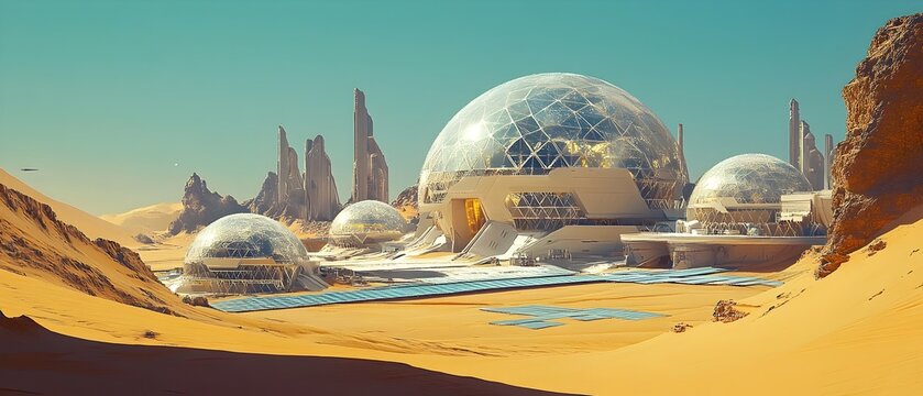 Expansive Futuristic Desert Oasis with Massive Monolithic Domes Interlocking Geometric Patterns Glowing Antigravity Pylons and Shimmering Solar Panels in a Modernist Architectural Style