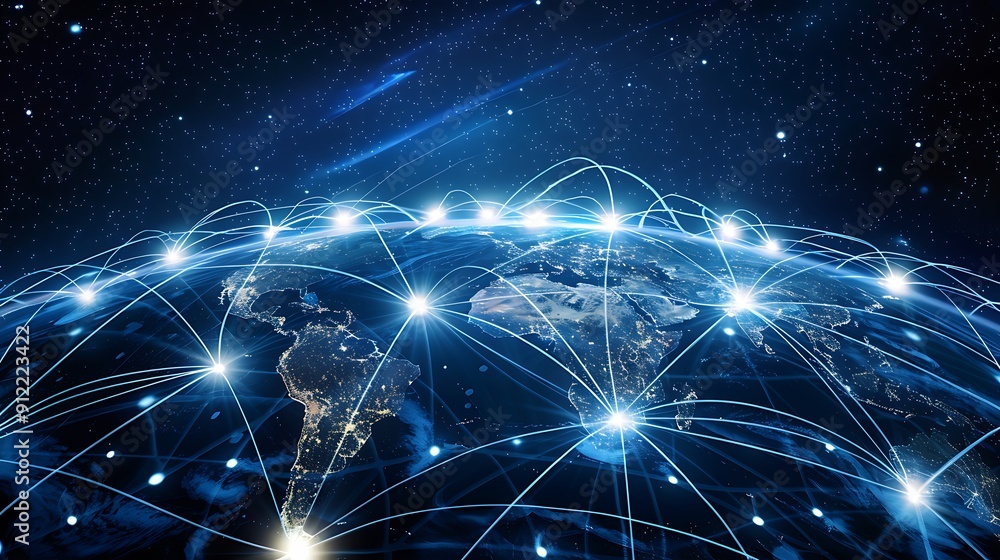 Poster the interconnectedness of our world through technology and communication, showcasing a network of li