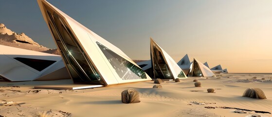 Futuristic desert habitat showcasing innovative engineering and architecture with sleek angular structures made of advanced materials that seamlessly blend into the arid landscape
