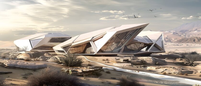 A futuristic desert habitat showcasing innovative engineering and architecture with sleek angular structures made of advanced materials that seamlessly blend into the arid landscape
