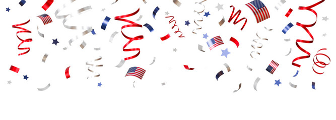 Vibrant American themed confetti, with stars and stripes, ideal for headers, celebratory graphics, or thematic designs for U.S. holidays. USA style confetti on transparent background. 3D render.