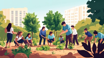 An illustration of  diverse group of people planting trees in a community garden, symbolizing collective efforts in reforestation and combating climate change