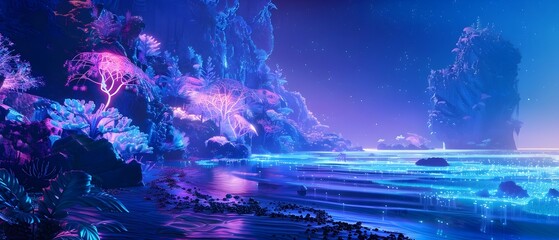 Naklejka premium Serene coastal landscape with crystalline lagoons shimmering holographic waves bionic coral formations and luminescent marine life in a surreal otherworldly atmosphere