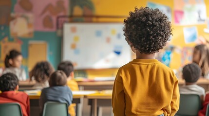 A child presenting a project in front of a classroom, bright, supportive lighting, background of a classroom with attentive peers and encouraging teacher, artistic details on the project materials