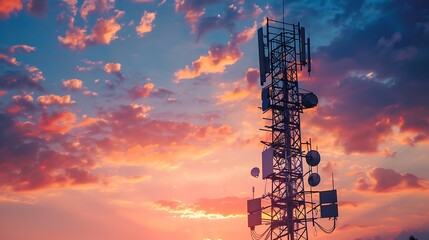Photographer cell tower silhouetted against dramatic sunset sky for illustrating communication technology contrast natural beauty atmosphere concept.