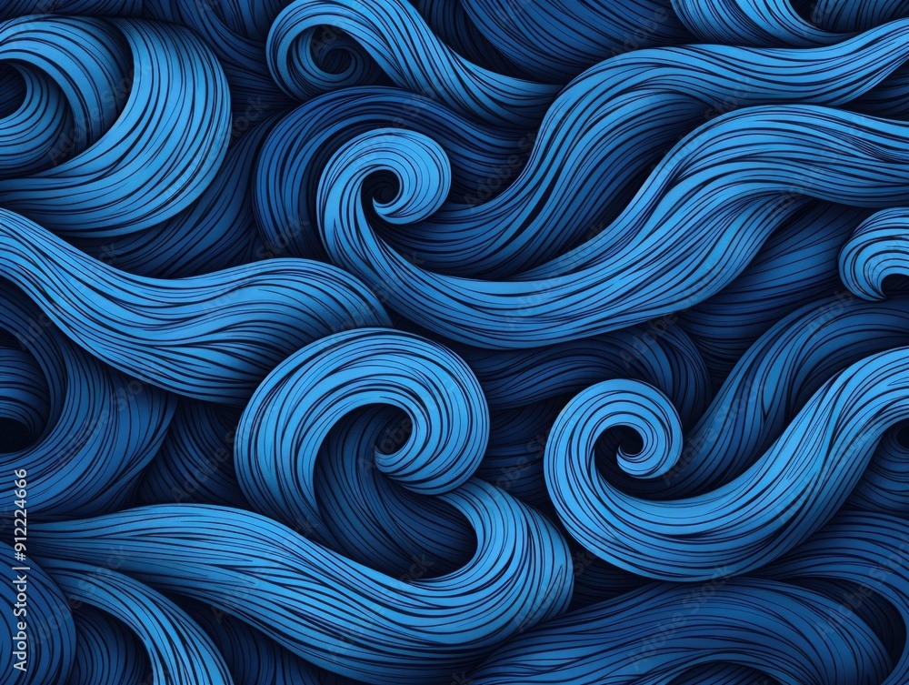 Poster captivating abstract doodle art with dynamic fluid swirling lines and waves in vibrant shades of blu
