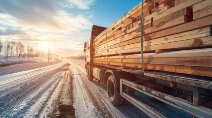 Obraz premium Truck with lumber driving on a snow-covered road