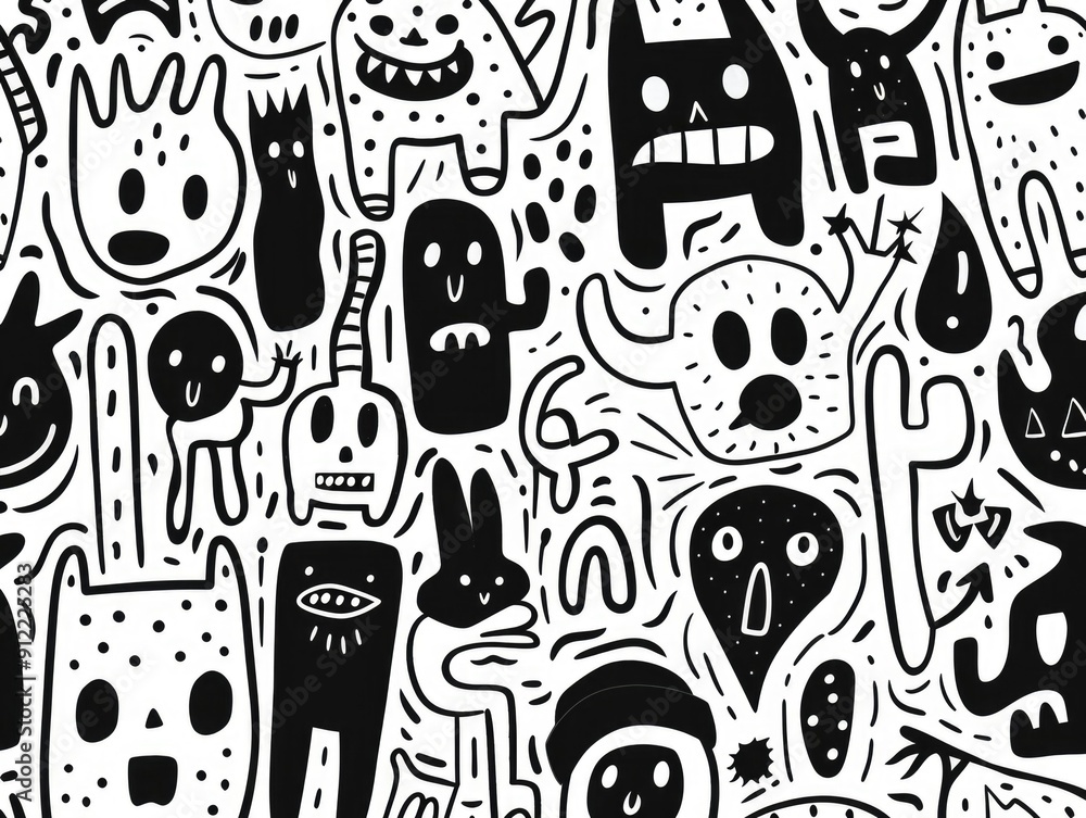 Poster eclectic doodle art pattern blending a diverse range of cultural motifs and symbols in a dynamic bla
