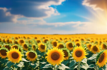 Fototapeta premium Sunflower field over cloudy blue sky. Beautiful summer landscape with sunflowers