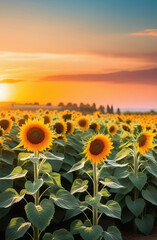 Obraz premium Sunflower field at sunset. Beautiful landscape with sunflowers