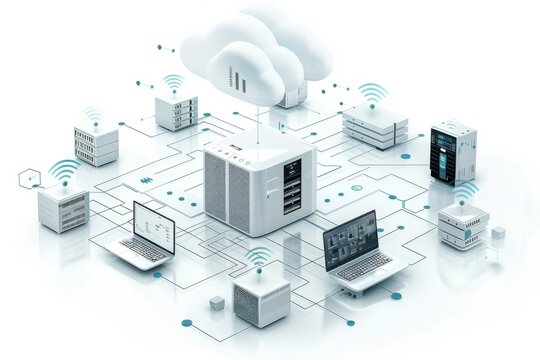 A computer network with many devices including laptops, servers, and a cloud