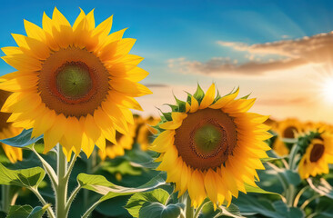 Obraz premium Sunflower field at sunset. Sunflower natural background. Sunflowers blooming