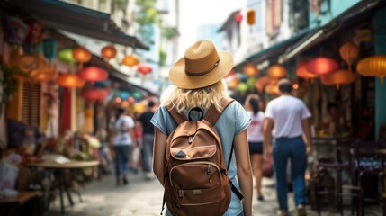 Fototapeta premium A young woman tourist with a backpack walking on a street in Singapore. Travel and summer vacation concept. Rearview