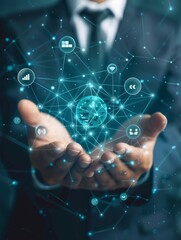 Hand holding globe hologram. Network around the earth