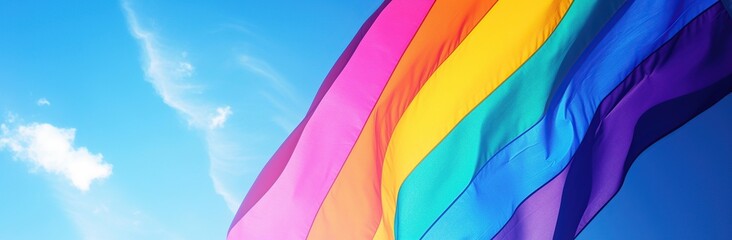 Obraz premium Rainbow LGBT flag flying in the wind on blue sky with sun shining through background, closeup