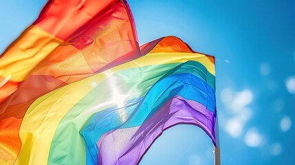 Rainbow LGBT flag flying in the wind on blue sky with sun shining through background, closeup