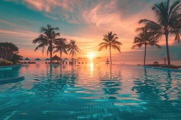 Obraz premium A peaceful scene of a sunset over palm trees near a pool, ideal for use in travel or lifestyle images