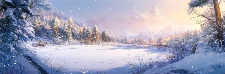 Glacial Enchantment: A High-Detail Hand-Drawn Snow Scene Embracing the Tranquility of Nature with Gentle Warmth for Winter's Charm in Anime Style,Abstract concepts, game concept art