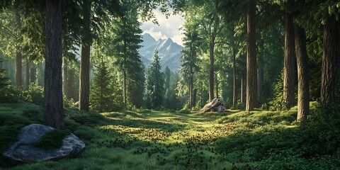 Sunlight Dappled Through the Trees in a Lush Forest Illustration