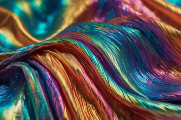 Undulating Holographic Fabric Waves with Iridescent Shifting Colors from Deep Blues to Radiant Golds and Greens