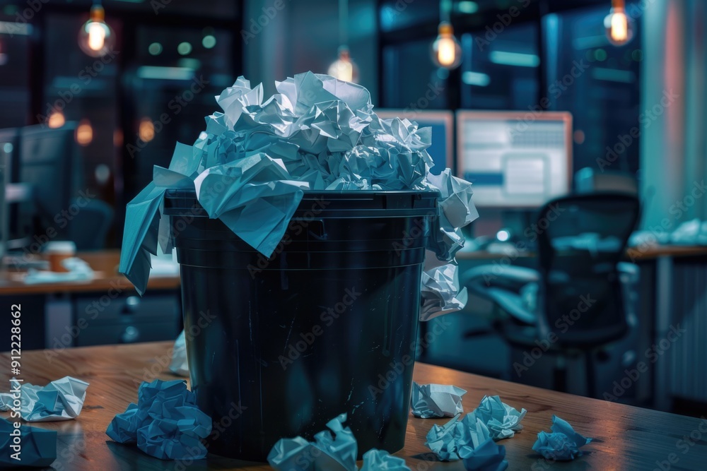 Poster A trash can filled with crumpled paper sitting on a wooden table