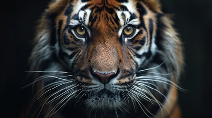 Fototapeta premium Close-up of a tiger's face with intense eyes and detailed fur, capturing its majestic and powerful presence. The sharp focus emphasizes the animal's wild beauty and strength.
