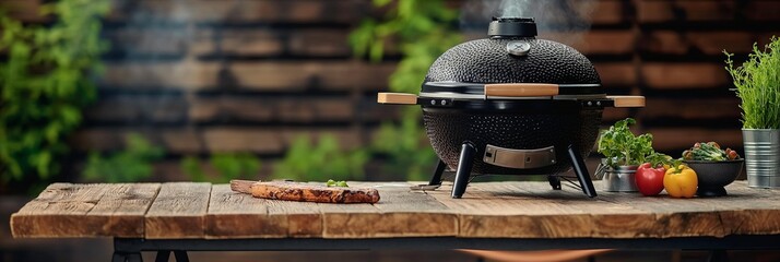 Juicy Grilled Steak with BBQ Sauce on a Rustic Wooden Table, Ready to Sizzle on a Black Grill