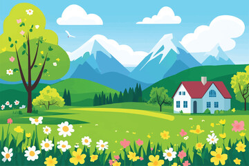 Fototapeta premium vector illustration of a green meadow with trees flowers and mountains in the background