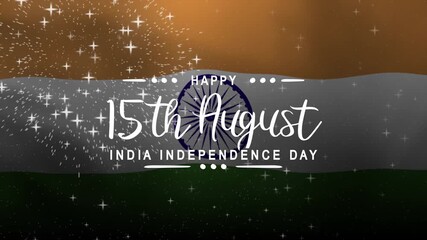 Happy India Independence Day Text Animation with waving flag background. Celebrate Happy India Independence Day on 15th August. Great for celebrating Happy India Independence Day.