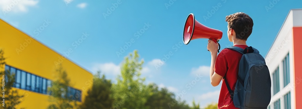 Wall mural Student holding megaphone outdoors for school announcement in front of school building. Back to school banner